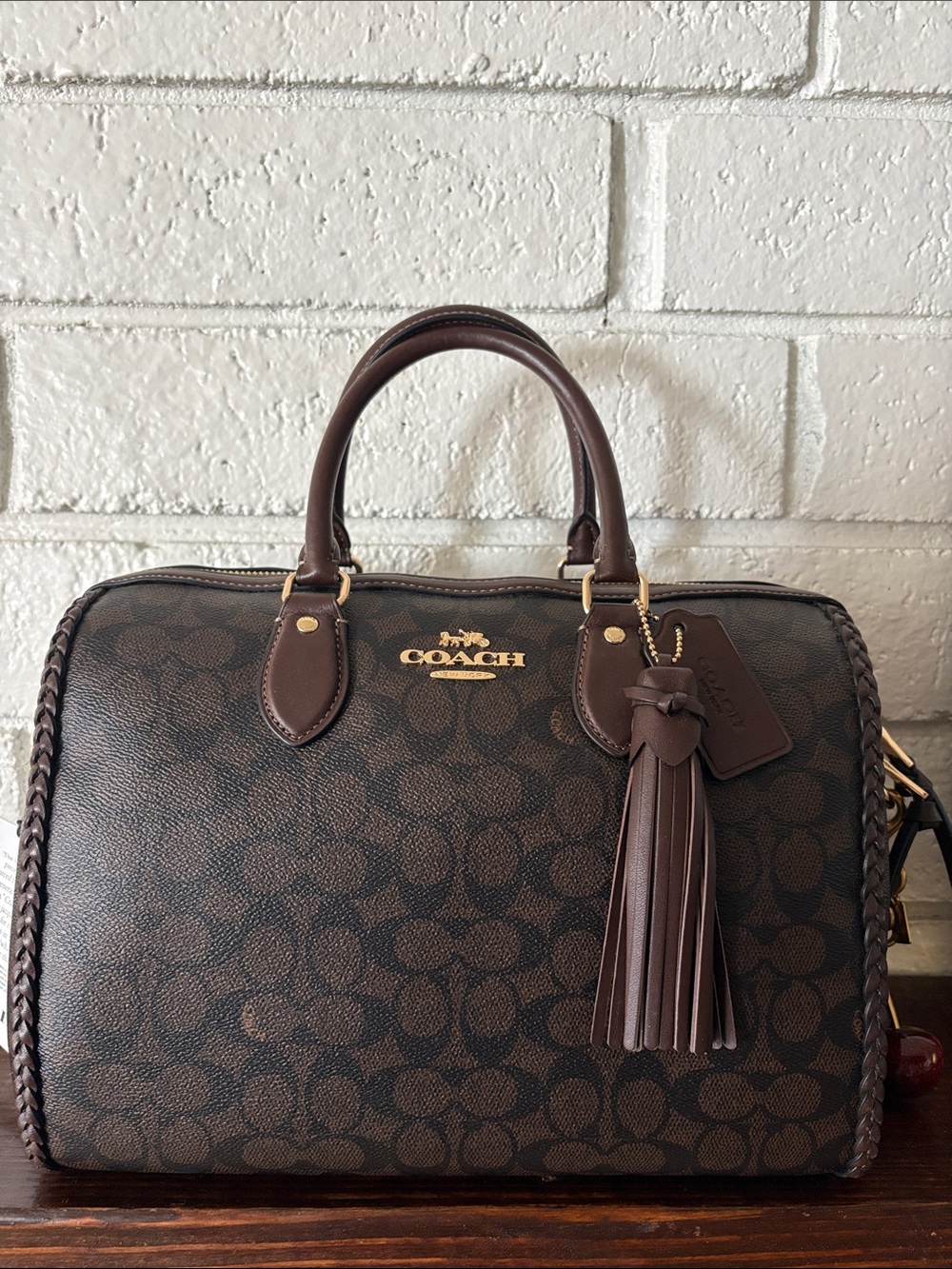 LARGE COACH Brown Signature Canvas Satchel with Leather Tassel and Gold Hardware